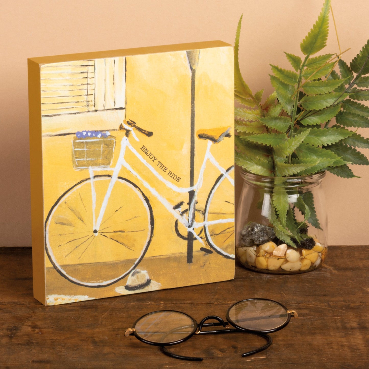 Enjoy The Ride Inspo Block Sign | Urban Bicycle Wooden Desk Wall Decor