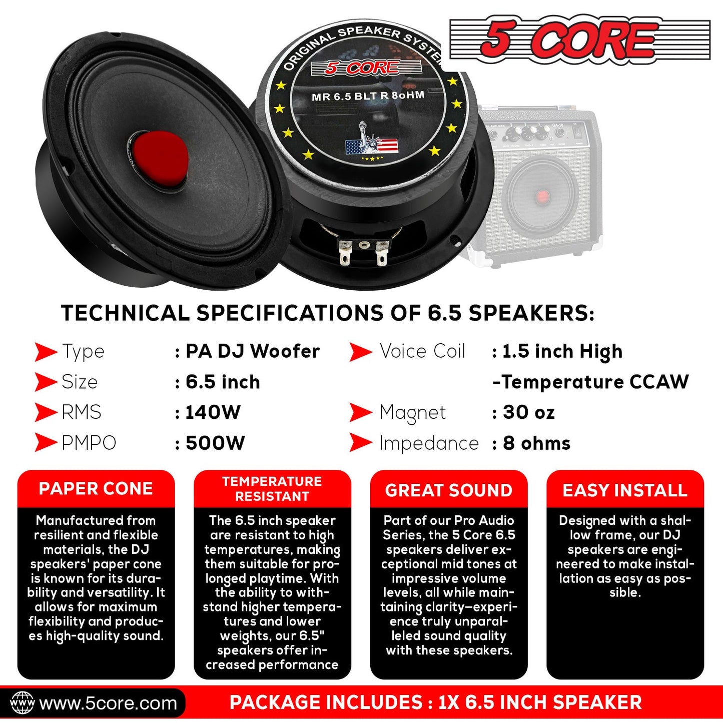 5Core 6.5 Inch Midrange Door Speaker 580W PMPO Subwoofer w Aluminum
