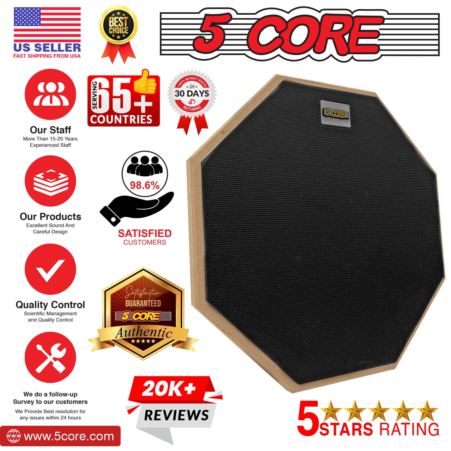 5 Core Drum Practice Pad Set 12" Adjustable Snare Drumming Stand