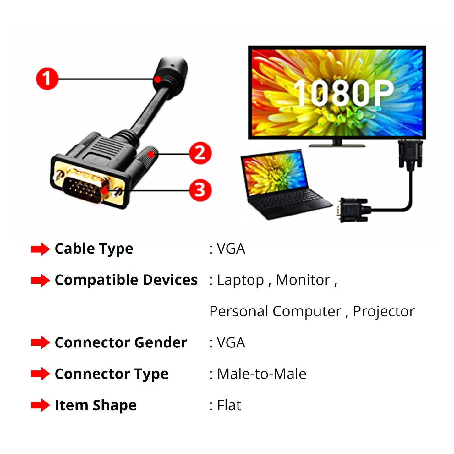 5Core VGA to VGA Cable 6Ft 15 Pin VGA Male to Male Video Transmission