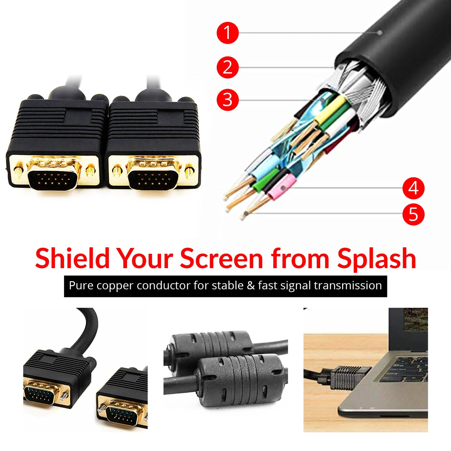 5Core VGA to VGA Cable 6Ft 15 Pin VGA Male to Male Video Transmission