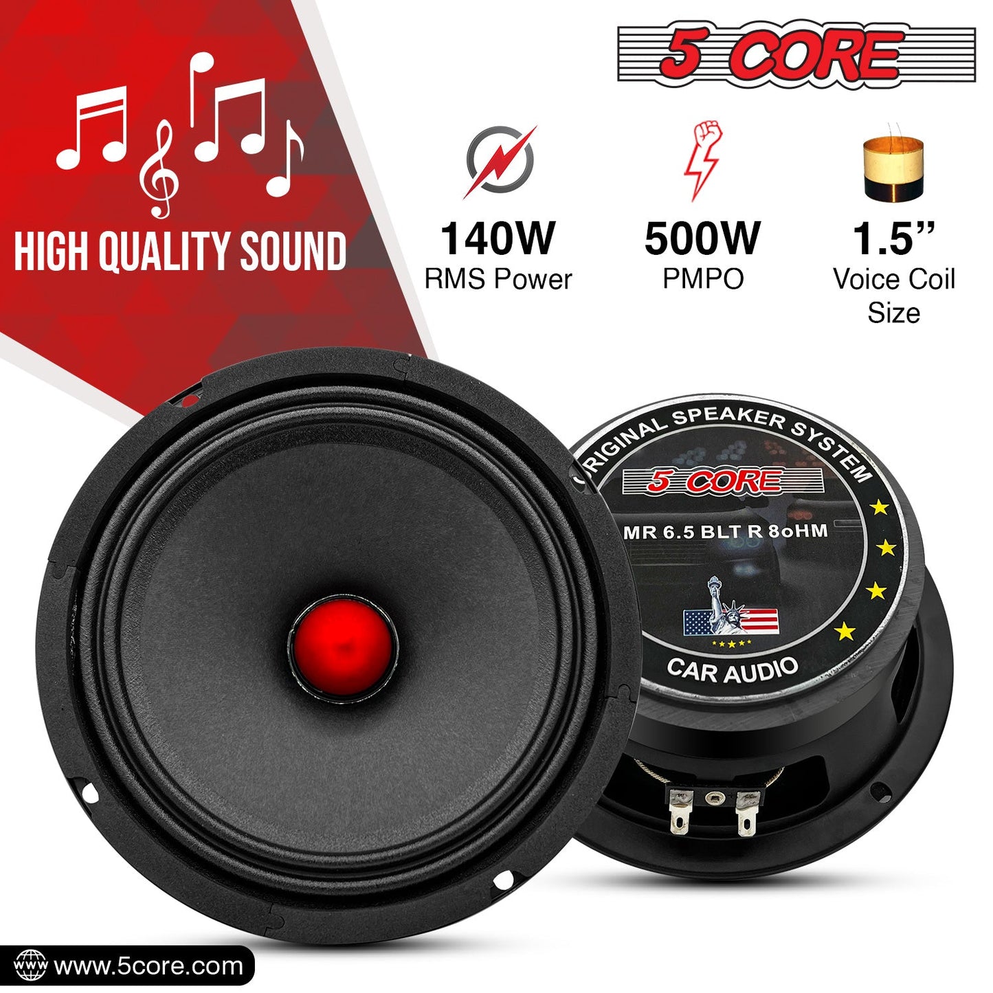 5Core 6.5 Inch Midrange Door Speaker 580W PMPO Subwoofer w Aluminum