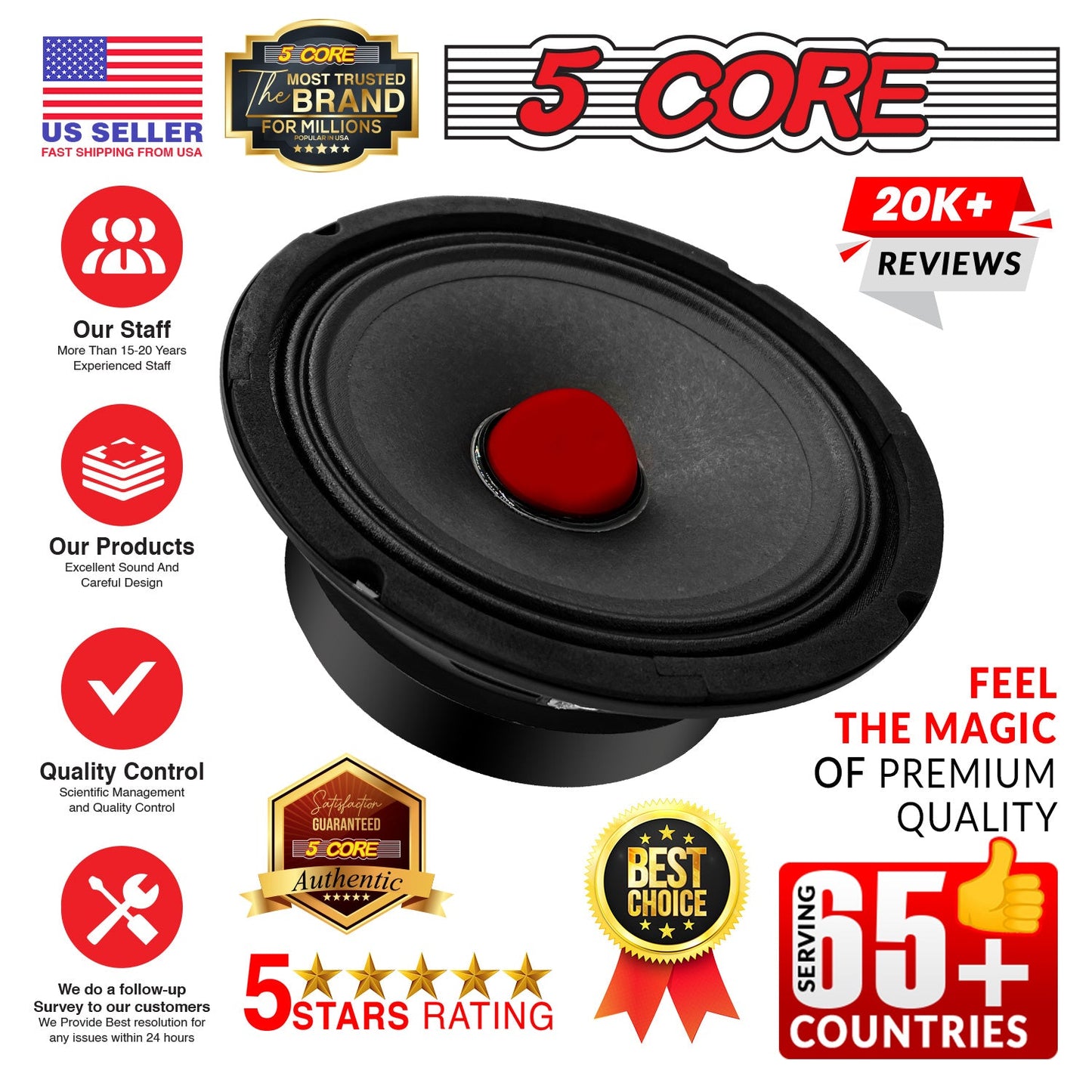 5Core 6.5 Inch Midrange Door Speaker 580W PMPO Subwoofer w Aluminum