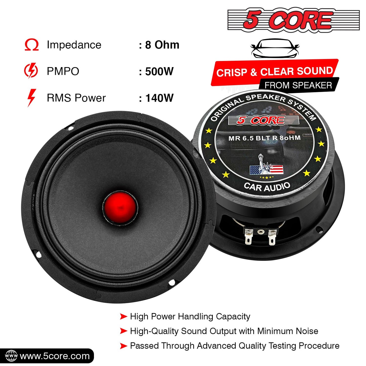 5Core 6.5 Inch Midrange Door Speaker 580W PMPO Subwoofer w Aluminum