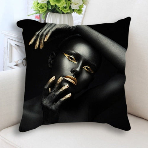 Abstract Black Gold Woman Face Print Cushion Cover