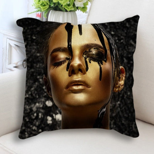 Abstract Black Gold Woman Face Print Cushion Cover