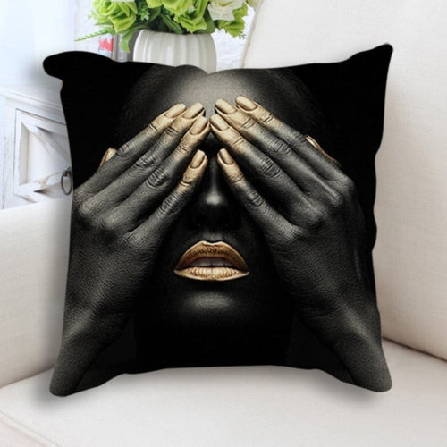 Abstract Black Gold Woman Face Print Cushion Cover