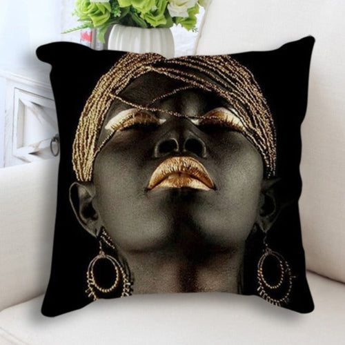 Abstract Black Gold Woman Face Print Cushion Cover