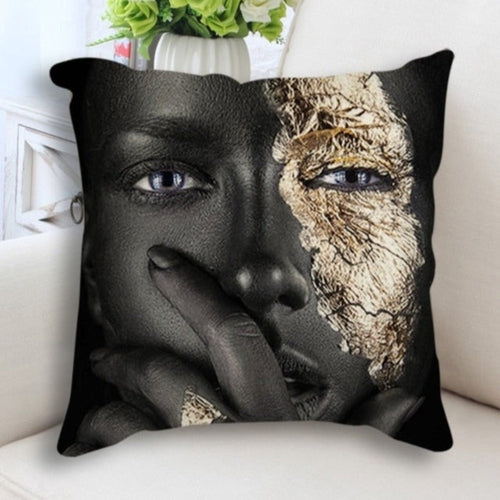 Abstract Black Gold Woman Face Print Cushion Cover