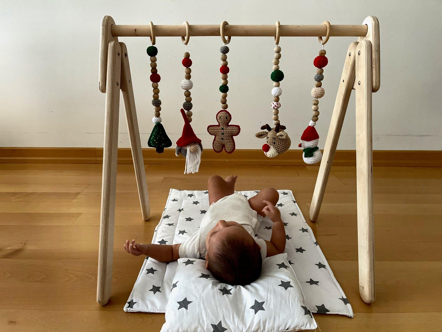 Montessori Baby Gym & Hanging Toys Set | Wooden Play Gym for Babies -