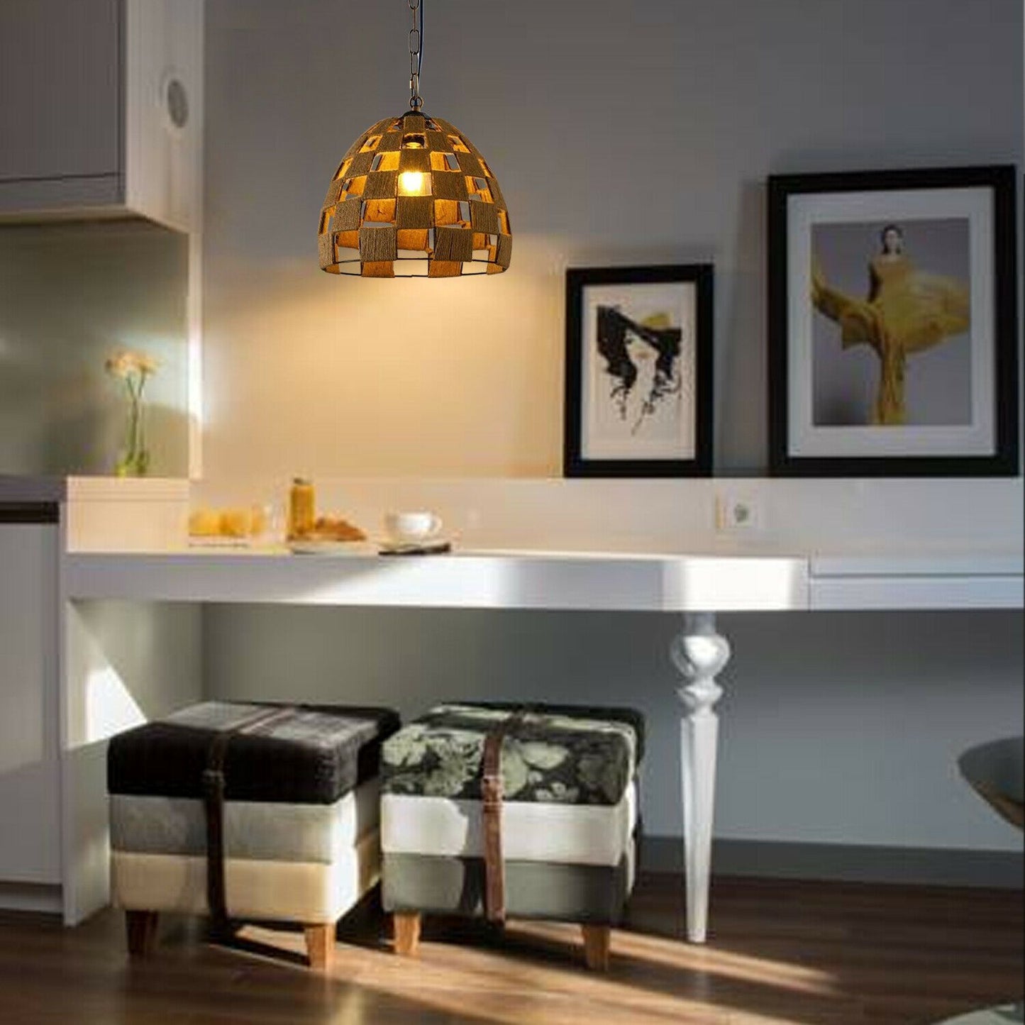 Dome Shape Ceiling Pendant Light Hemp Rope Hanging Light E27 Lamp