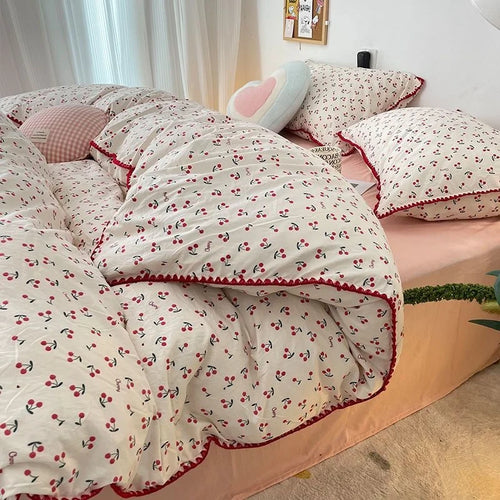 INS Girls Cherry Bedding Set Soft Washed Cotton Bed Sheet Queen King