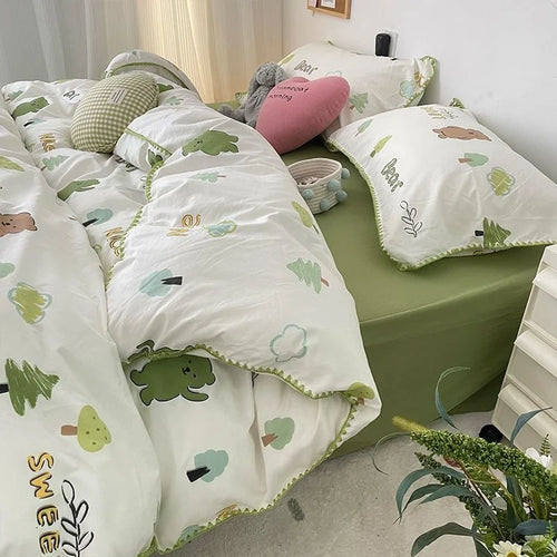 INS Girls Cherry Bedding Set Soft Washed Cotton Bed Sheet Queen King