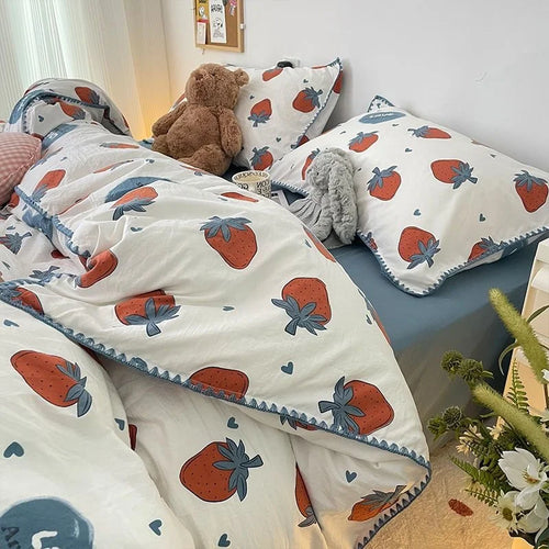 INS Girls Cherry Bedding Set Soft Washed Cotton Bed Sheet Queen King