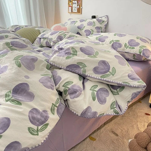 INS Girls Cherry Bedding Set Soft Washed Cotton Bed Sheet Queen King