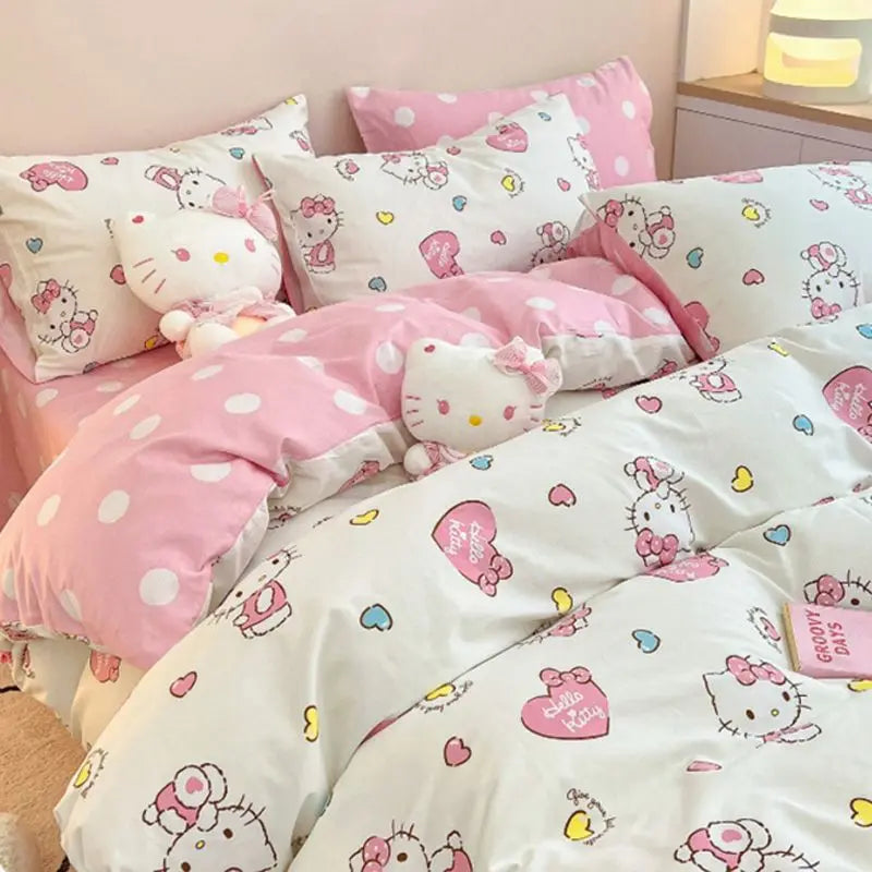 4Pcs/set Kawaii Anime Cartoon Hello Kitty Bedding Quilt Cover Student