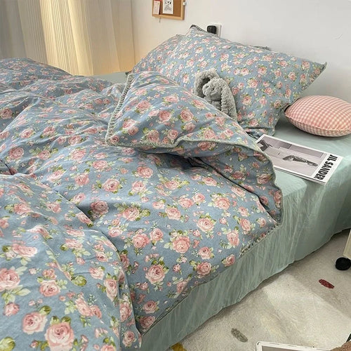 INS Girls Cherry Bedding Set Soft Washed Cotton Bed Sheet Queen King