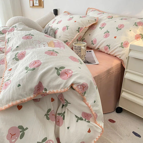 INS Girls Cherry Bedding Set Soft Washed Cotton Bed Sheet Queen King