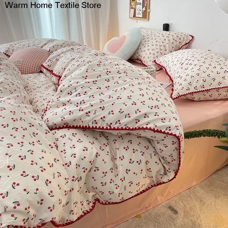 INS Girls Cherry Bedding Set Soft Washed Cotton Bed Sheet Queen King