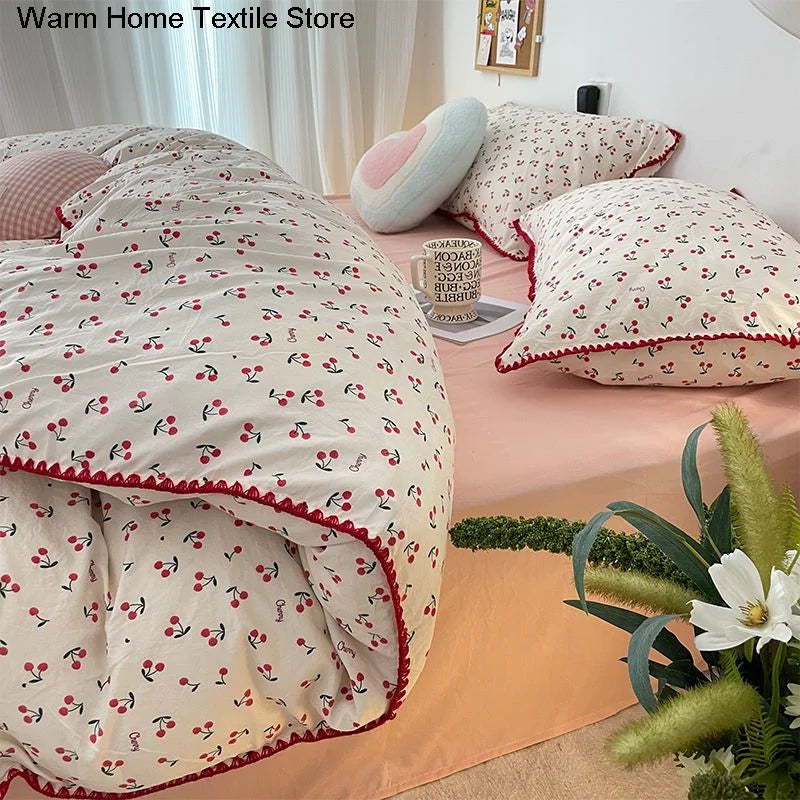 INS Girls Cherry Bedding Set Soft Washed Cotton Bed Sheet Queen King