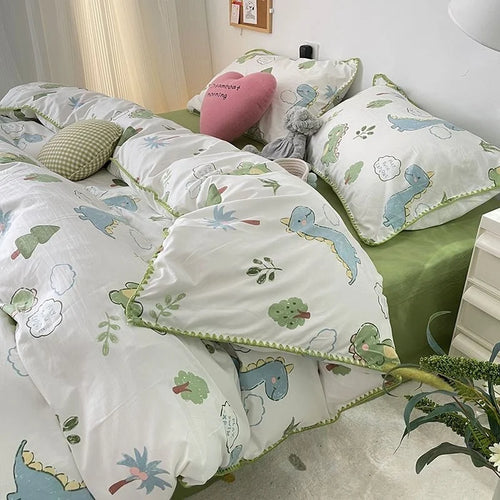 INS Girls Cherry Bedding Set Soft Washed Cotton Bed Sheet Queen King