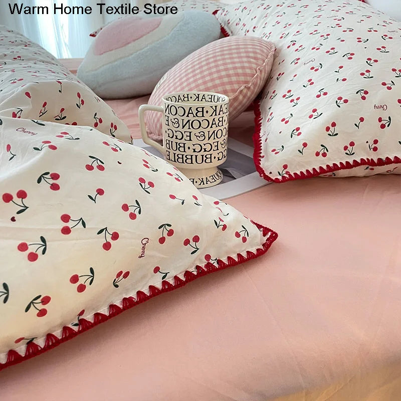 INS Girls Cherry Bedding Set Soft Washed Cotton Bed Sheet Queen King