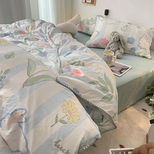 INS Girls Cherry Bedding Set Soft Washed Cotton Bed Sheet Queen King