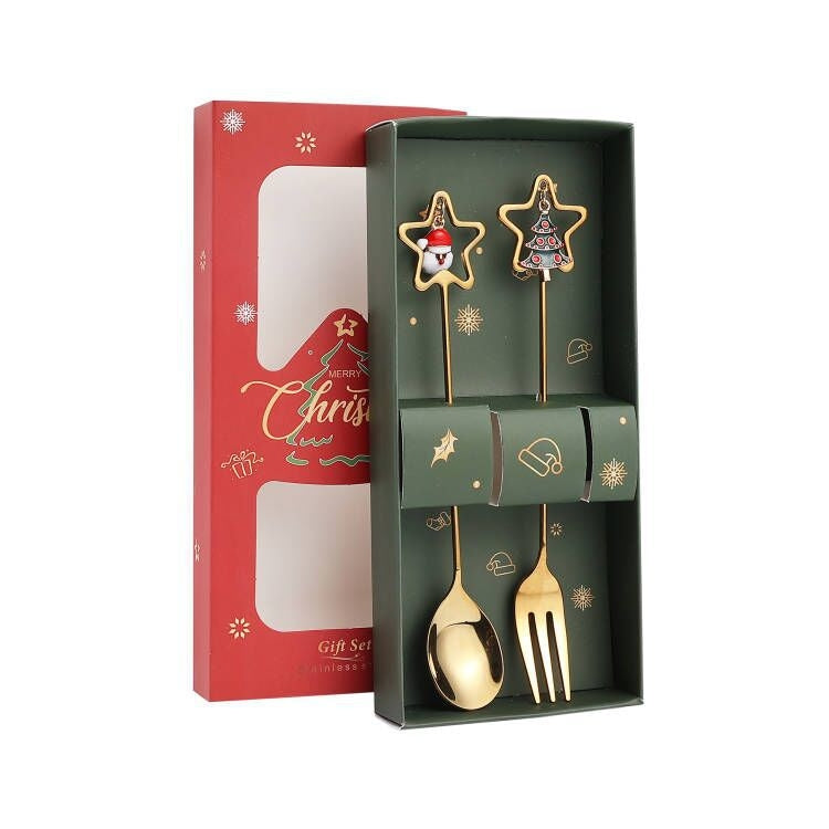 2pcs /Pack A410 Christmas Stirring Spoon Dessert Fork Christmas Eve
