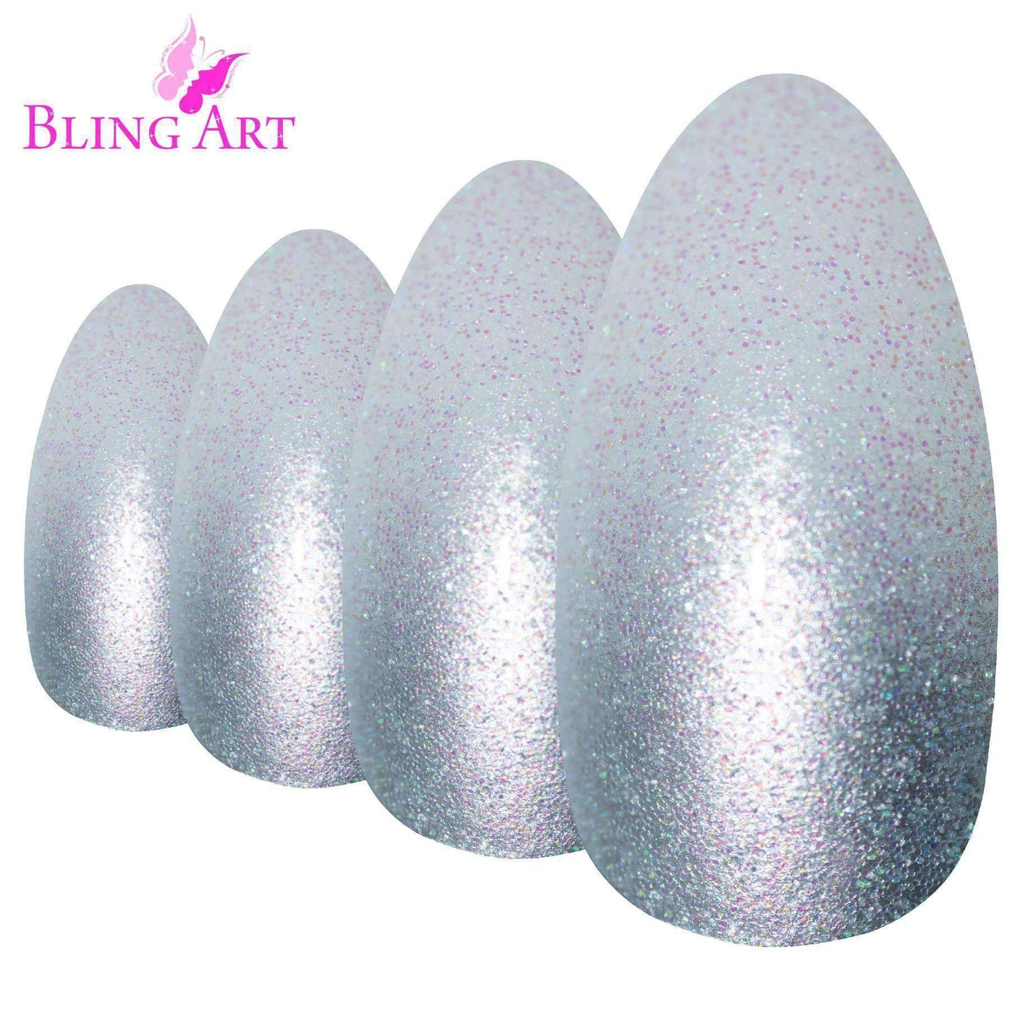 False Nails by Bling Art Silver Gel Ombre Almond Stiletto 24 Fake