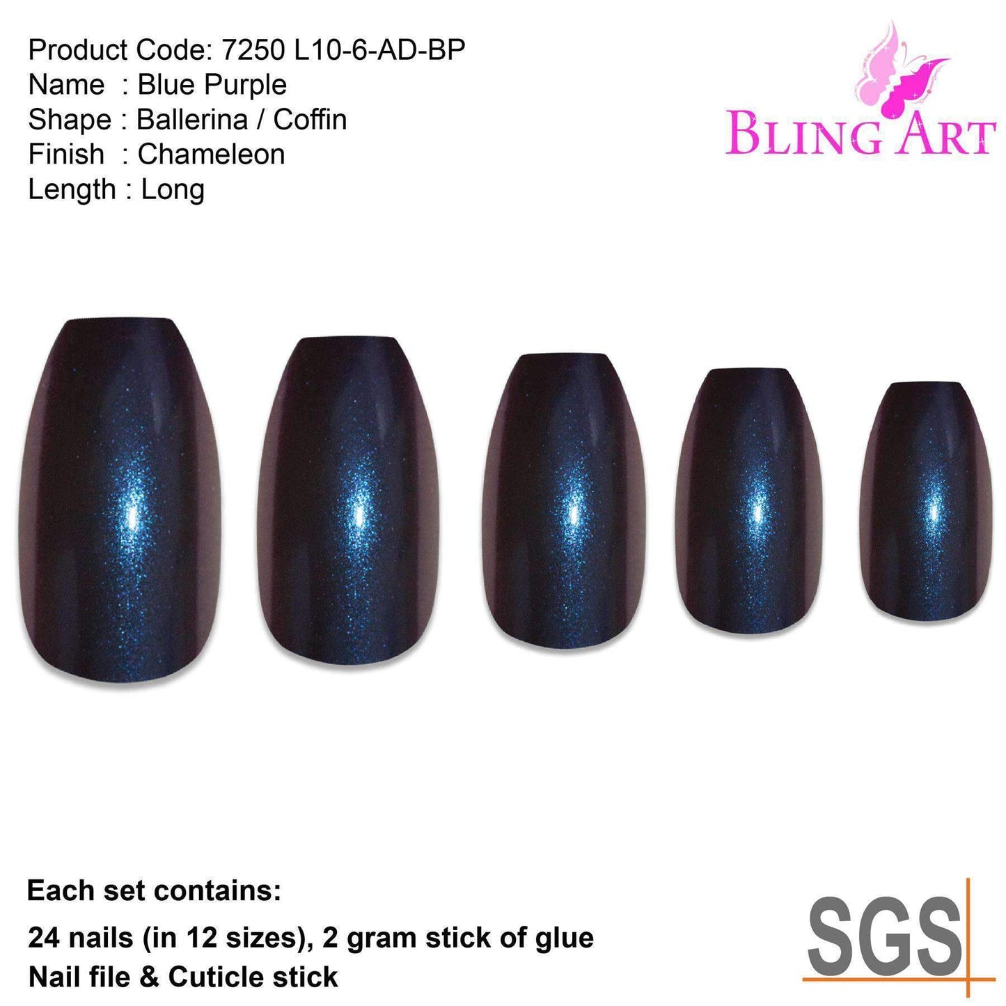 False Nails by Bling Art Blue Purple Chameleon Ballerina Coffin 24