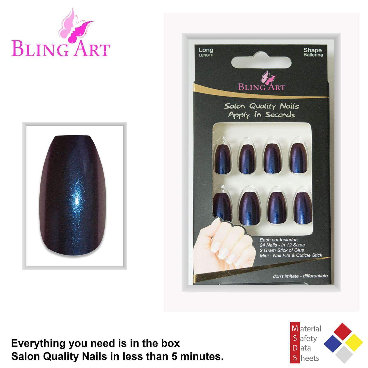 False Nails by Bling Art Blue Purple Chameleon Ballerina Coffin 24