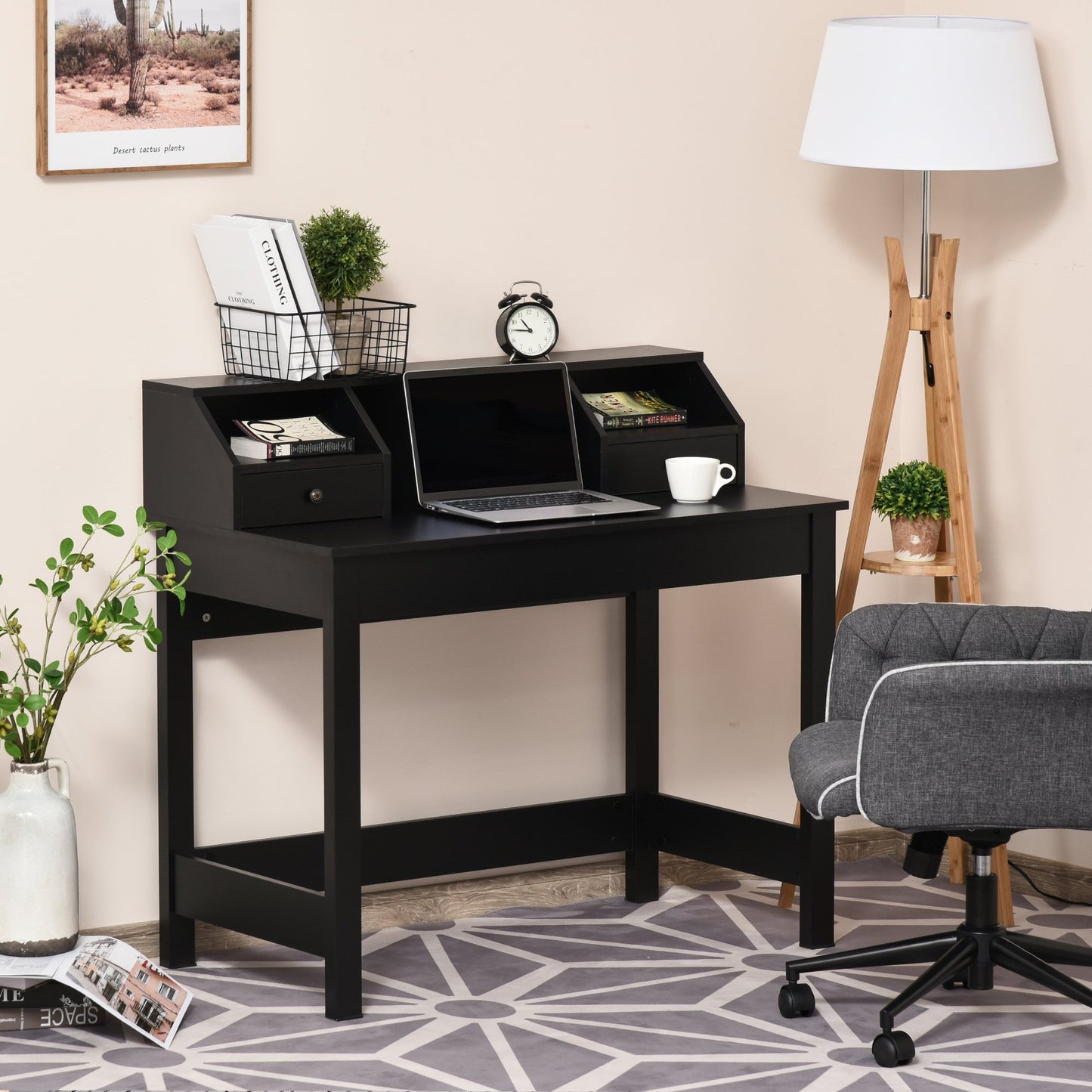 HOMCOM Rectangle Computer Desk with Display Shelves Drawers Home