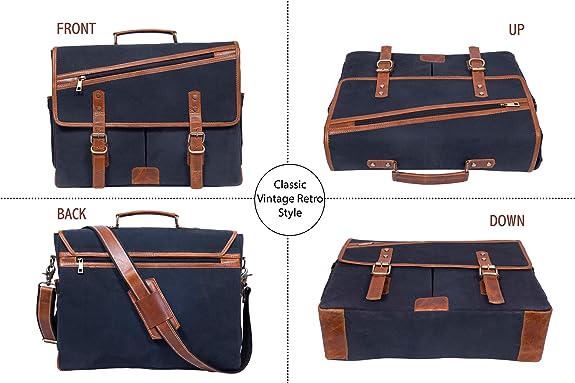 16 Inch Canvas Leather Briefcase Computer Laptop Book Large Satchel