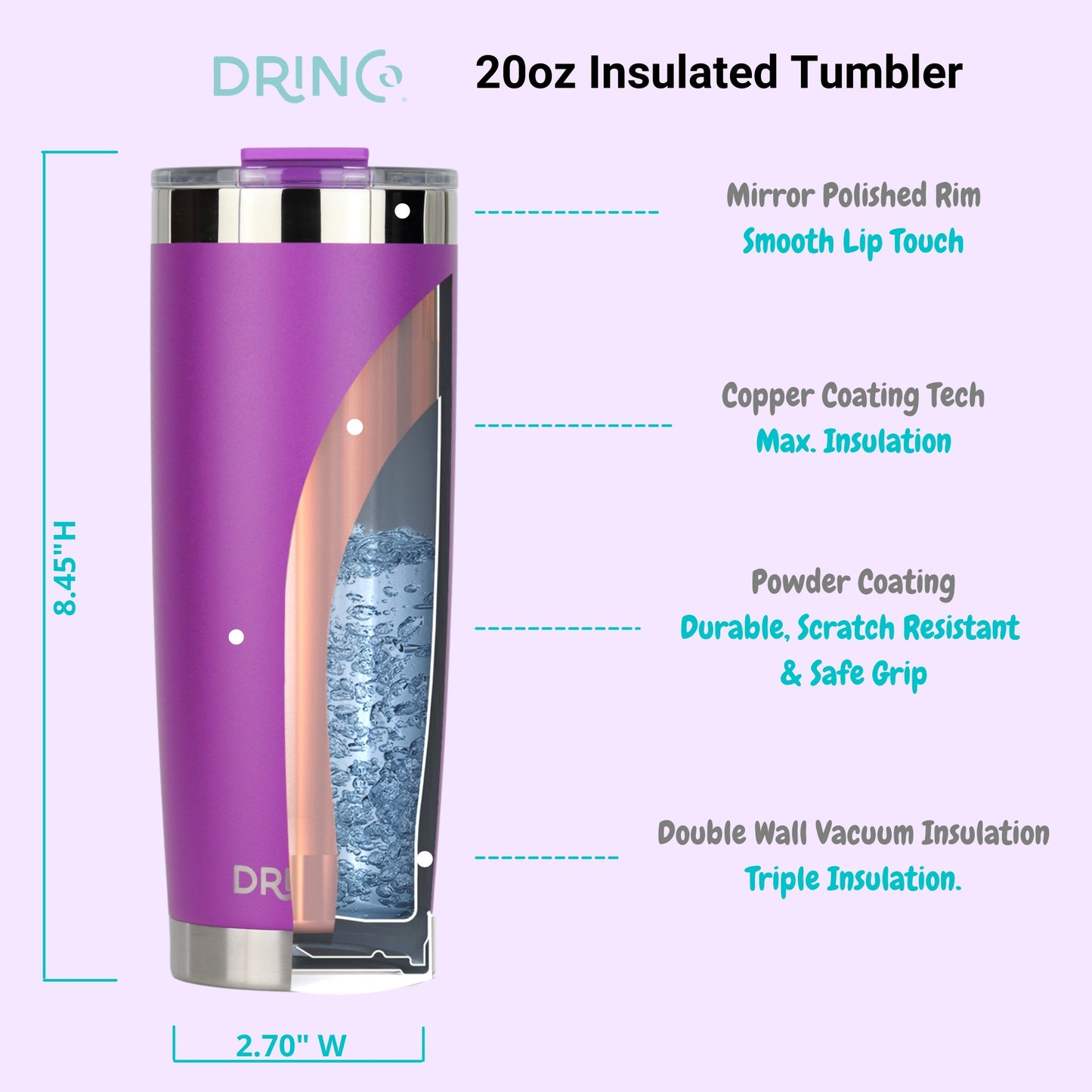 DRINCO® 20oz Insulated Tumbler w/Spill Proof Lid, 2 Straws(Purple)
