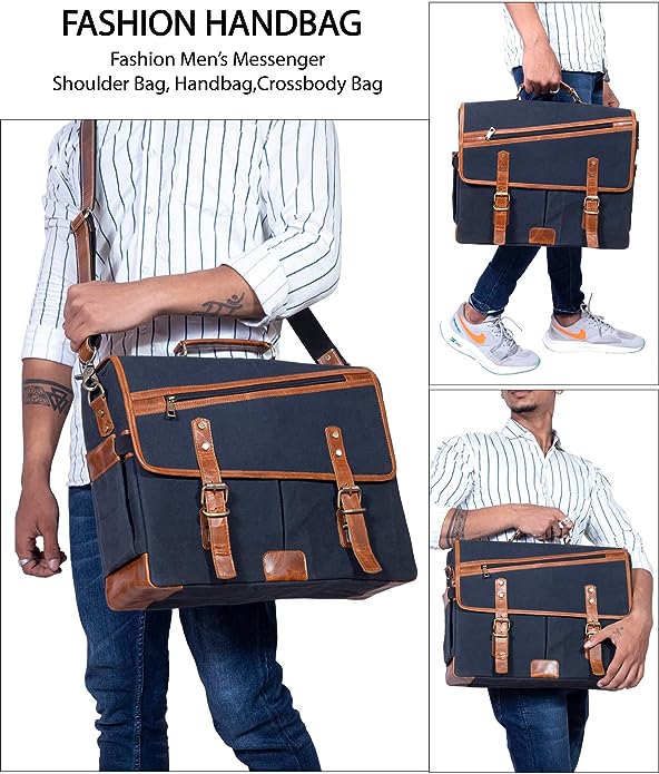 16 Inch Canvas Leather Briefcase Computer Laptop Book Large Satchel