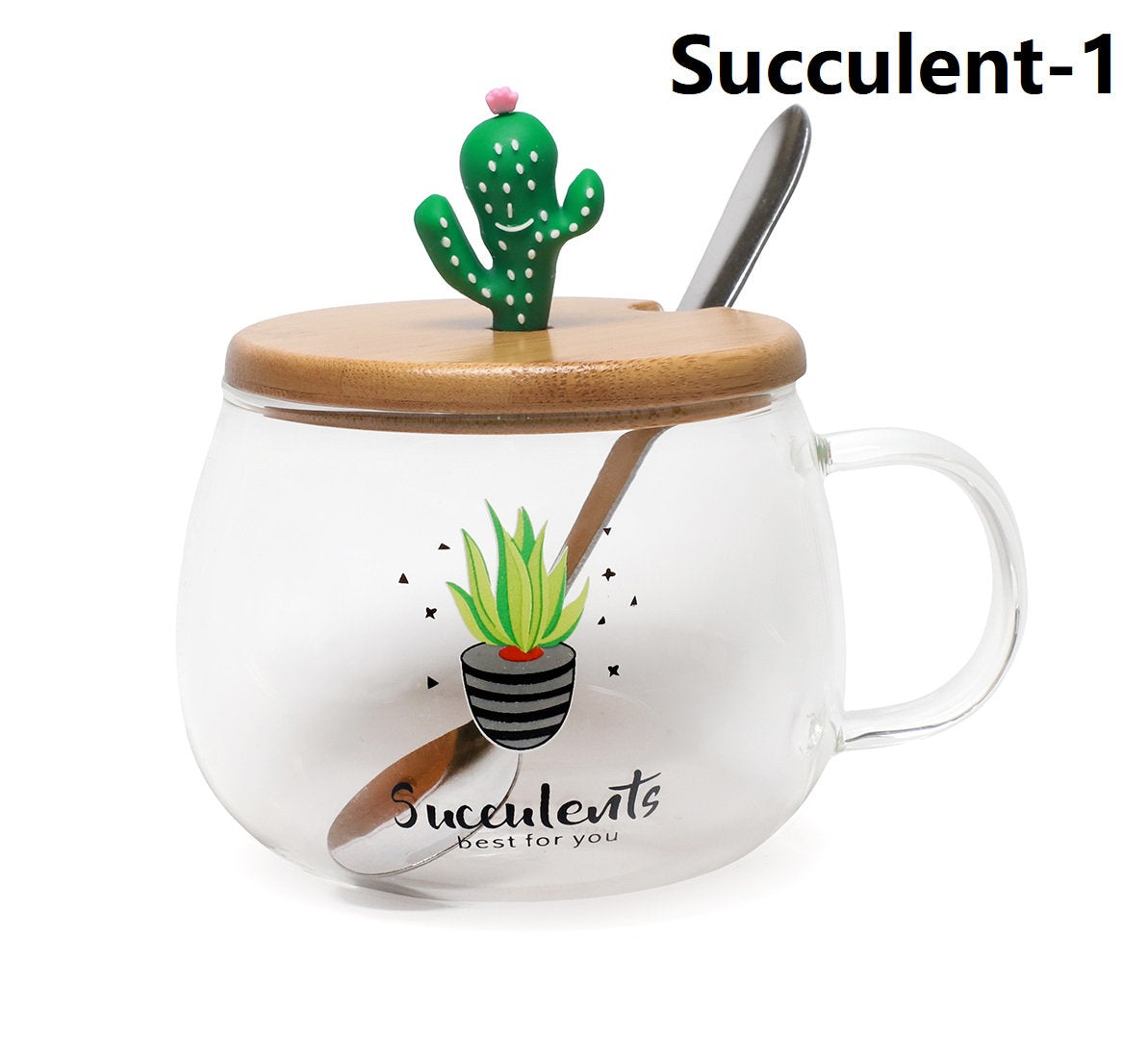 Cute Succulent Mug Glass Mug with Spoon
