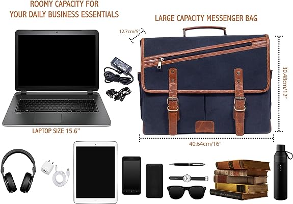 16 Inch Canvas Leather Briefcase Computer Laptop Book Large Satchel