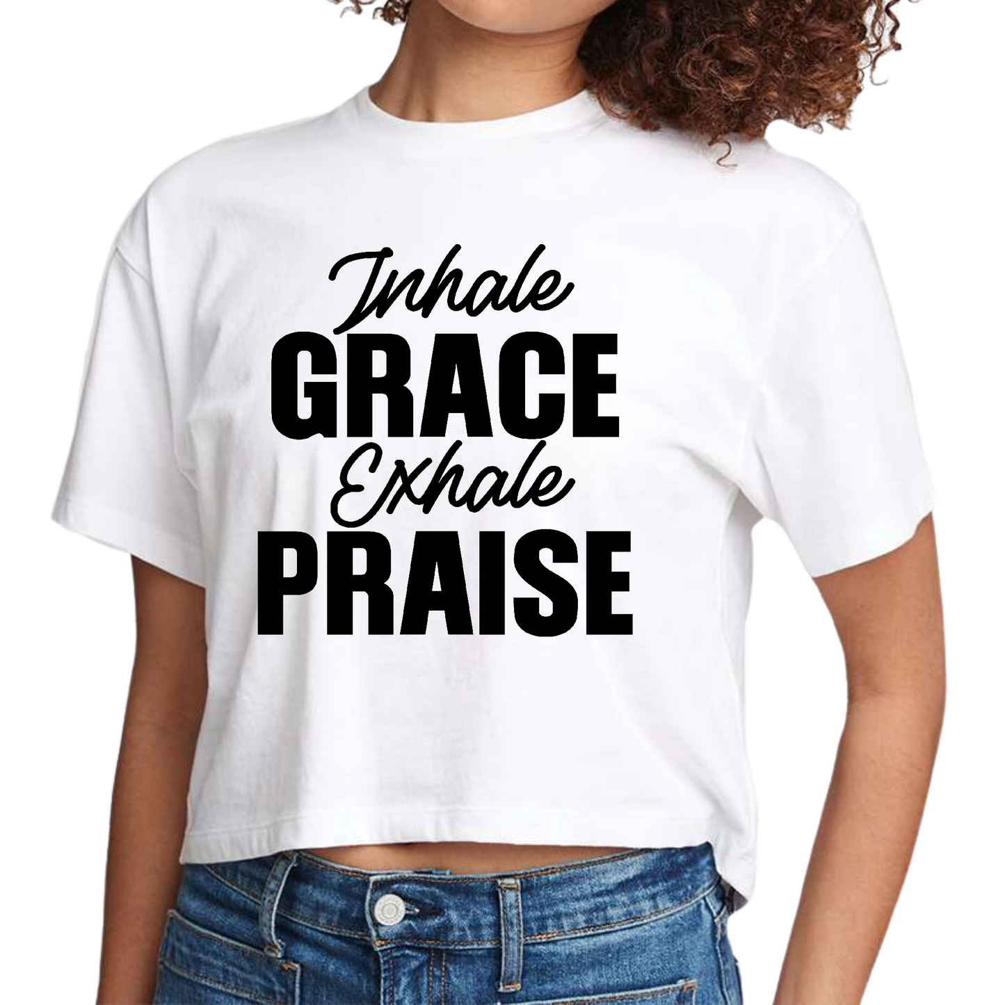 Womens Cropped Graphic T-shirt, Inhale Grace Exhale Praise Black