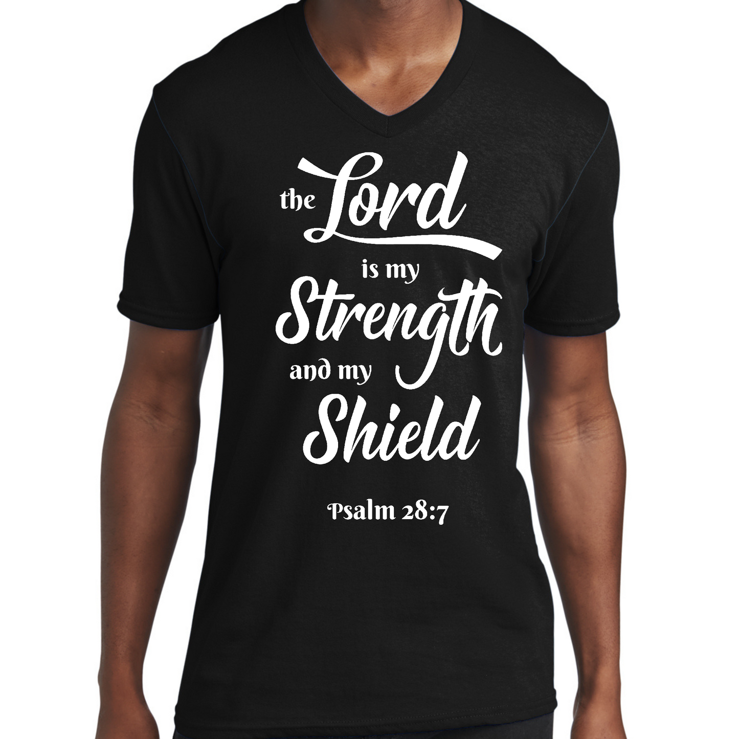 Mens Graphic V-neck T-shirt, the Lord is my Strength and my Shield