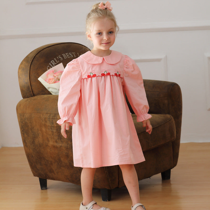 Arrival Autumn Girls Cherry Embroidery Long Sleeves Peter Pan Collar