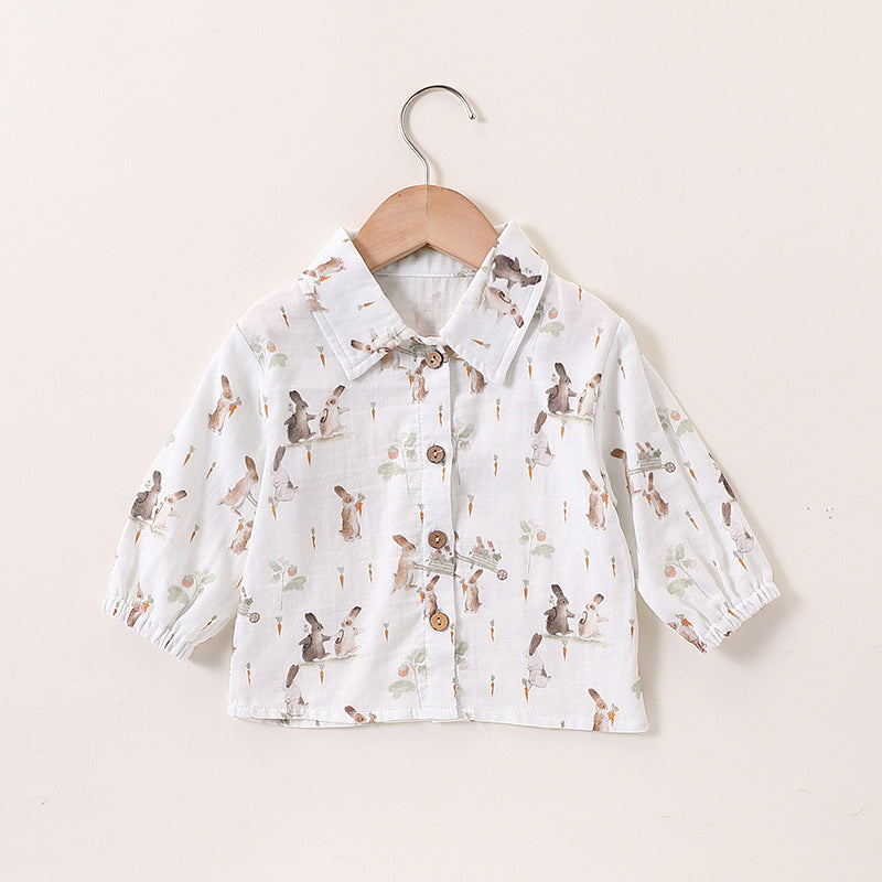 Autumn Baby Unisex Cute Rabbit Print Turn-down Collar Top and