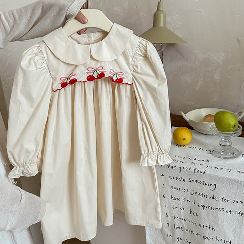 Arrival Autumn Girls Cherry Embroidery Long Sleeves Peter Pan Collar