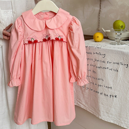 Arrival Autumn Girls Cherry Embroidery Long Sleeves Peter Pan Collar