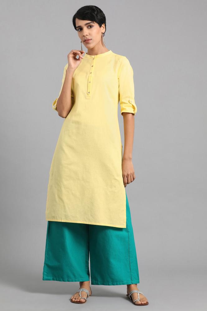 Yellow Mandarin Neck Solid Kurta