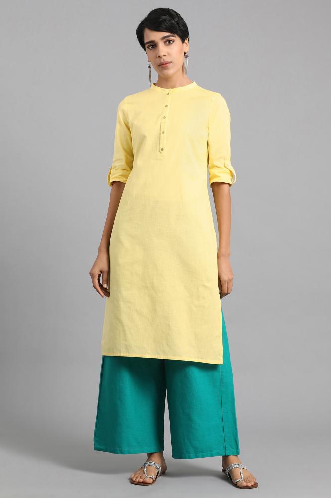 Yellow Mandarin Neck Solid Kurta