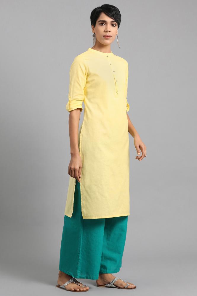 Yellow Mandarin Neck Solid Kurta