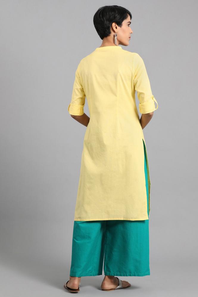 Yellow Mandarin Neck Solid Kurta