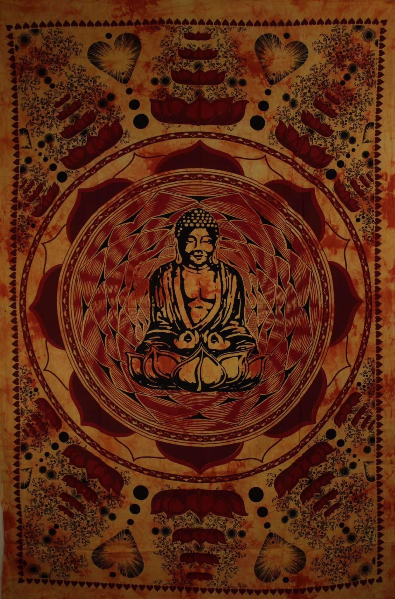 Saffron Buddha In Dharma Chakra Mudra On A Lotus Flower Tapestry