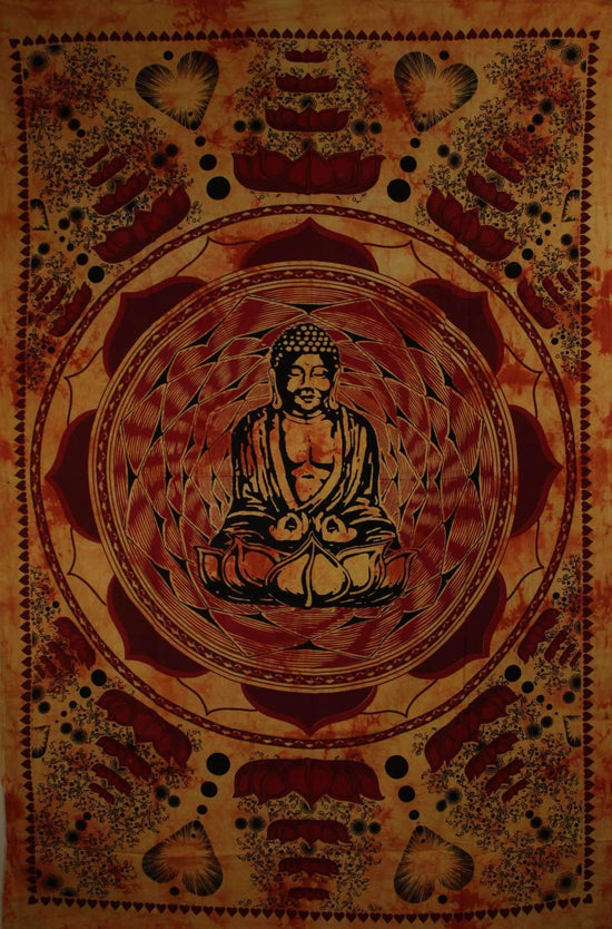 Saffron Buddha In Dharma Chakra Mudra On A Lotus Flower Tapestry