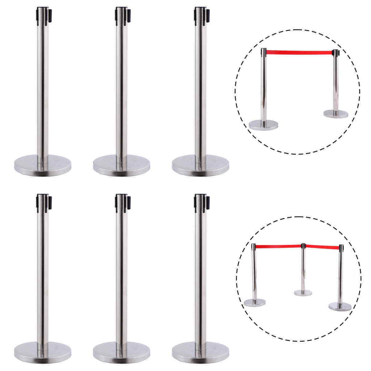 6 Red Retractable Queue Belt Barrier Polished Stainless Stand